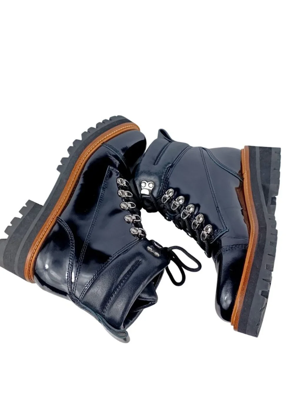 Marc Fisher Boots Lug Sole Ankle Lace Patent Leather Black Combat Women Size 6